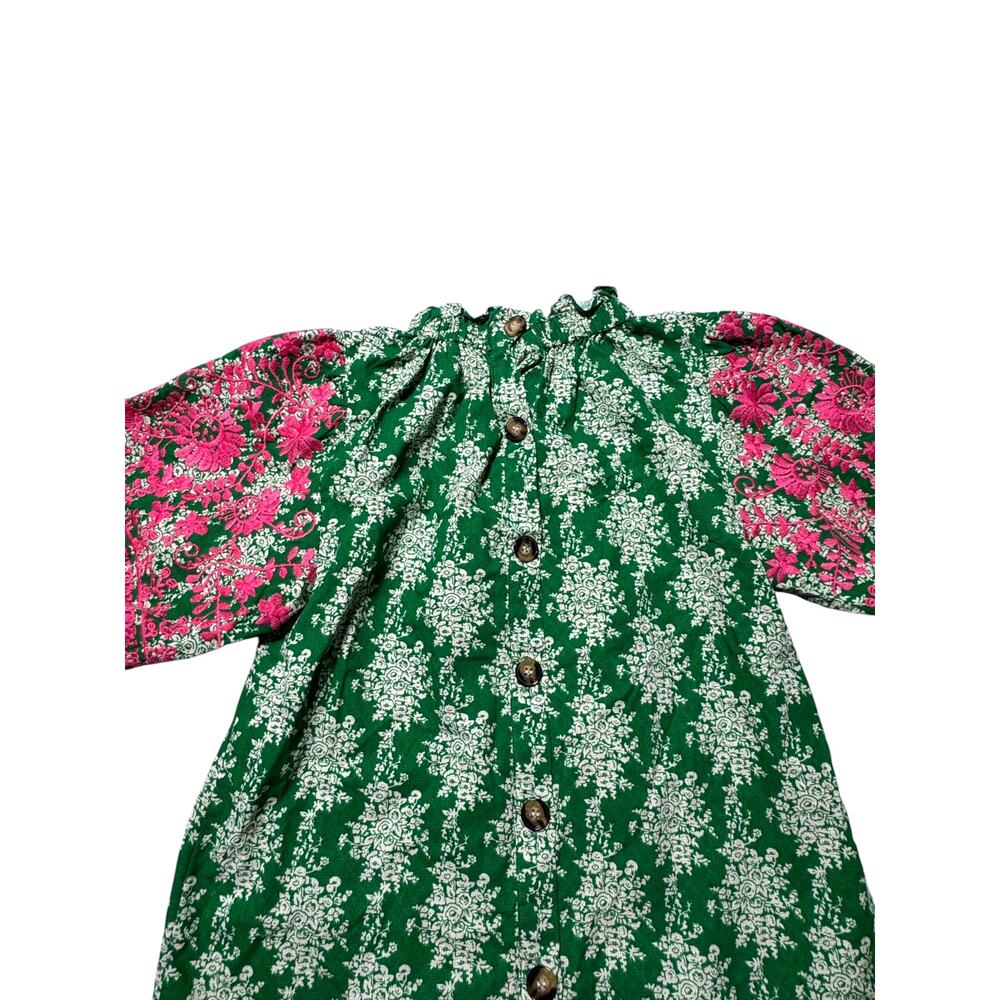NWT THML Blouse Womens S Green Pink Embroidered Floral Puff Sleeve Button Back - Picture 8 of 16